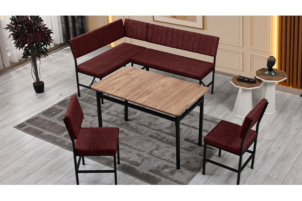 Melody 110x155 Mutfak Köşe Bench Bank Masa Takımı 2 İkili Bench 2 Sandalye 70x110 Ceviz Masa Bordo