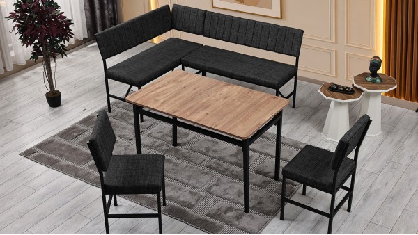 Melody 110x155 Mutfak Köşe Bench Bank Masa Takımı 2 İkili Bench 2 Sandalye 70x110 Ceviz Antrasit