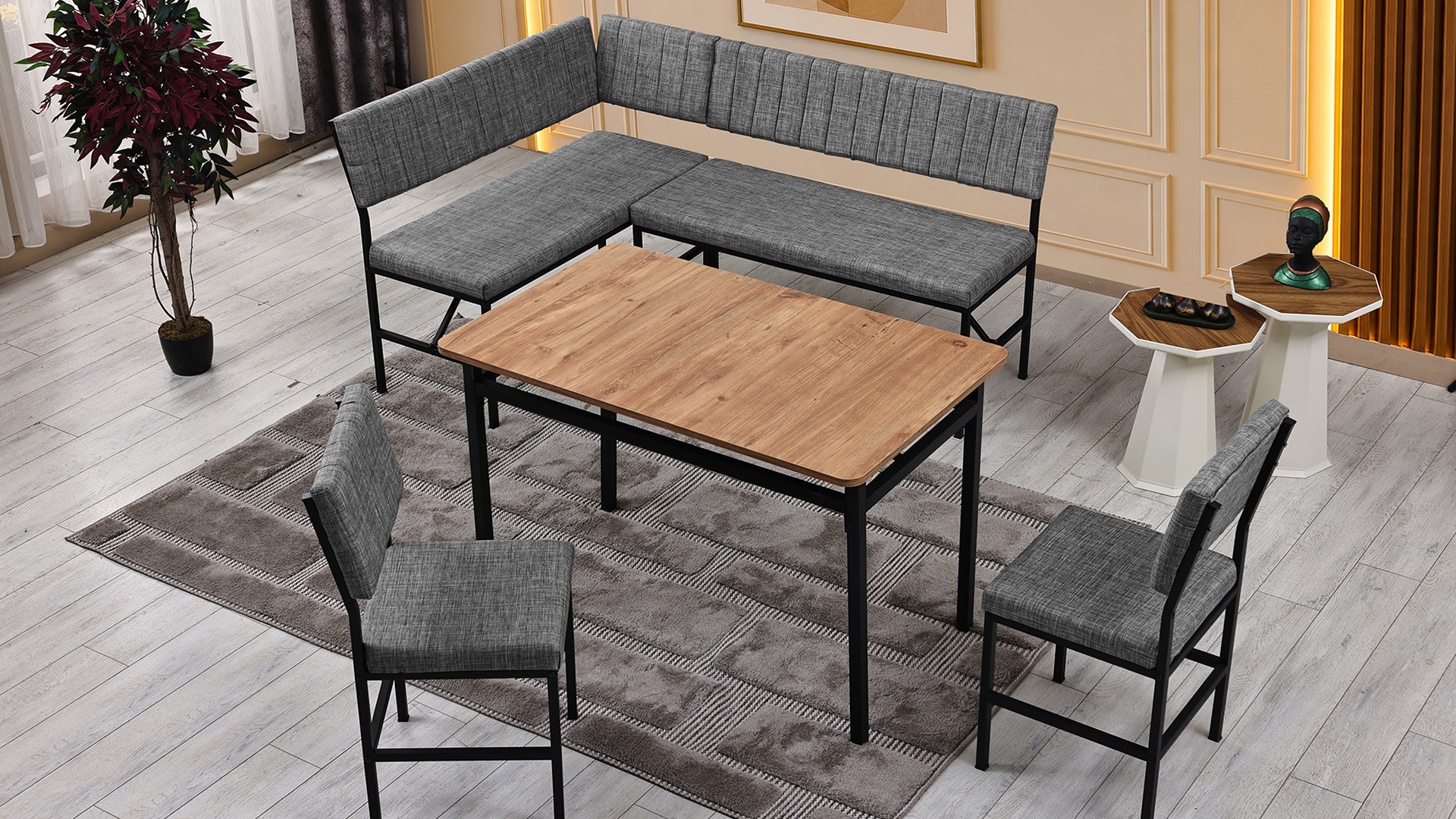 Melody 110x155 Mutfak Köşe Bench Bank Masa Takımı 2 İkili Bench 2 Sandalye 70x110 Ceviz Masa Gri