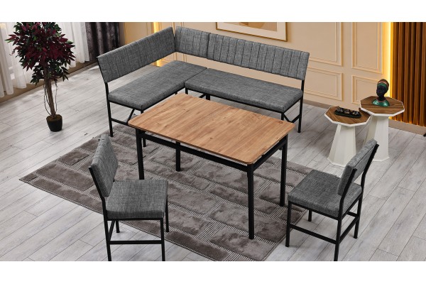 Melody 110x155 Mutfak Köşe Bench Bank Masa Takımı 2 İkili Bench 2 Sandalye 70x110 Ceviz Masa Gri