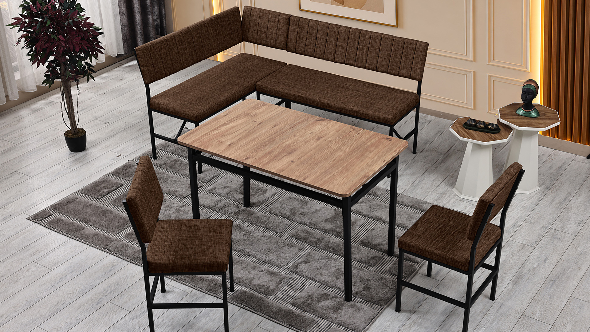 Melody 110x155 Mutfak Köşe Bench Bank Masa Takımı 2 İkili Bench 2 Sandalye 70x110 Ceviz Masa Kahve