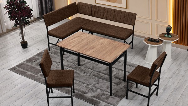Melody 110x155 Mutfak Köşe Bench Bank Masa Takımı 2 İkili Bench 2 Sandalye 70x110 Ceviz Masa Kahve