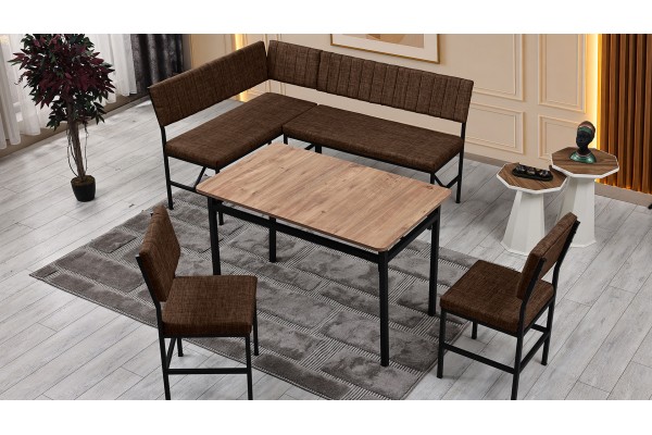 Melody 110x155 Mutfak Köşe Bench Bank Masa Takımı 2 İkili Bench 2 Sandalye 70x110 Ceviz Masa Kahve