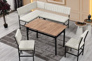 Melody 110x155 Mutfak Köşe Bench Bank Masa Takımı 2 İkili Bench 2 Sandalye 70x110 Ceviz Masa Krem