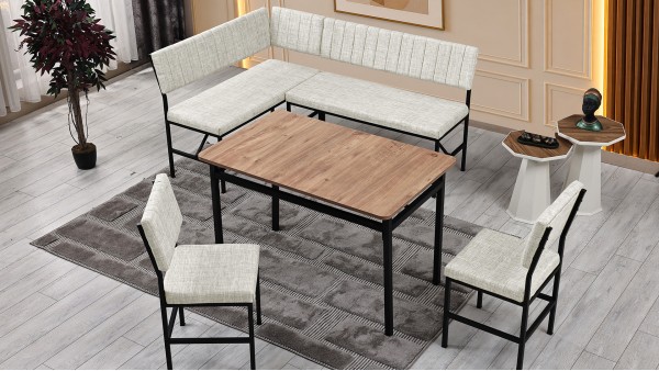 Melody 110x155 Mutfak Köşe Bench Bank Masa Takımı 2 İkili Bench 2 Sandalye 70x110 Ceviz Masa Krem