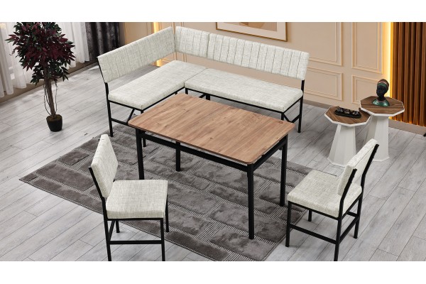 Melody 110x155 Mutfak Köşe Bench Bank Masa Takımı 2 İkili Bench 2 Sandalye 70x110 Ceviz Masa Krem