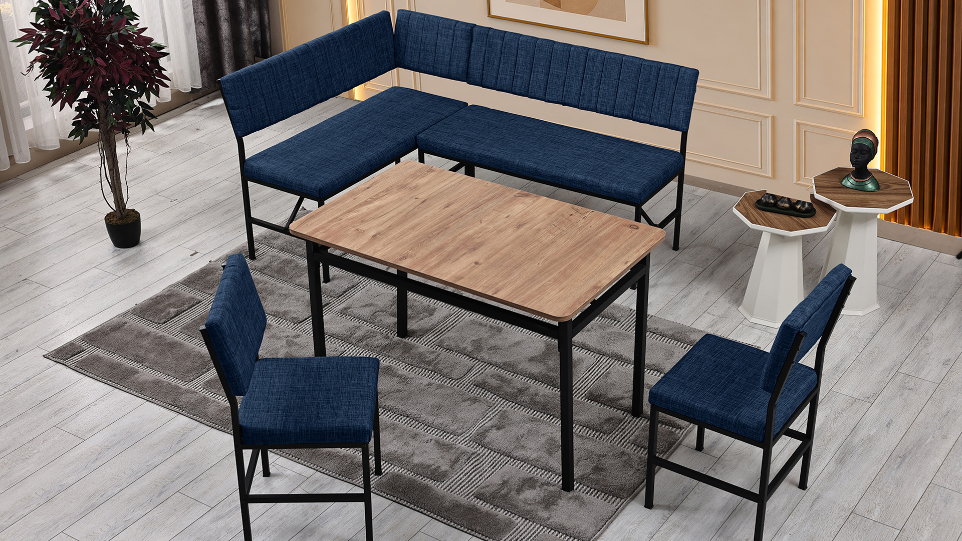 Melody 110x155 Mutfak Köşe Bench Bank Masa Takımı 2 İkili Bench 2 Sandalye 70x110 Ceviz Masa Lacivert