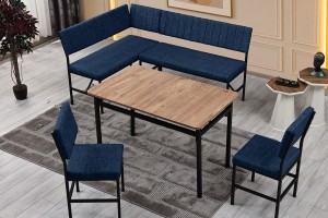 Melody 110x155 Mutfak Köşe Bench Bank Masa Takımı 2 İkili Bench 2 Sandalye 70x110 Ceviz Masa Lacivert