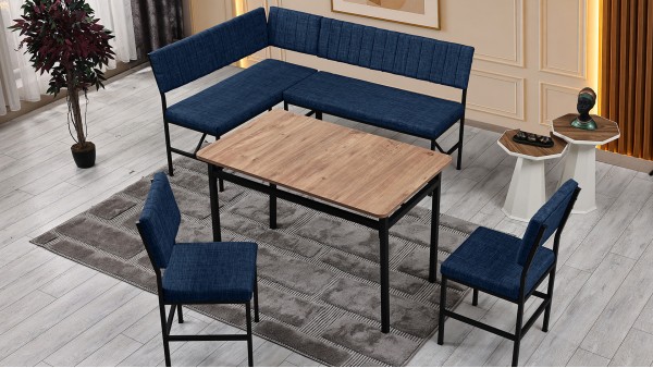 Melody 110x155 Mutfak Köşe Bench Bank Masa Takımı 2 İkili Bench 2 Sandalye 70x110 Ceviz Masa Lacivert