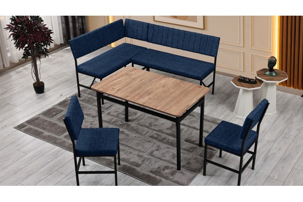Melody 110x155 Mutfak Köşe Bench Bank Masa Takımı 2 İkili Bench 2 Sandalye 70x110 Ceviz Masa Lacivert