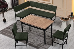 Melody 110x155 Mutfak Köşe Bench Bank Masa Takımı 2 İkili Bench 2 Sandalye 70x110 Ceviz Masa Yeşil