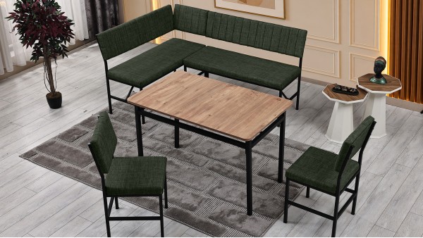 Melody 110x155 Mutfak Köşe Bench Bank Masa Takımı 2 İkili Bench 2 Sandalye 70x110 Ceviz Masa Yeşil