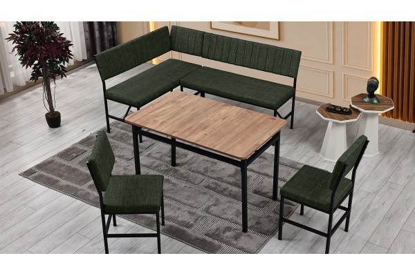 Melody 110x155 Mutfak Köşe Bench Bank Masa Takımı 2 İkili Bench 2 Sandalye 70x110 Ceviz Masa Yeşil