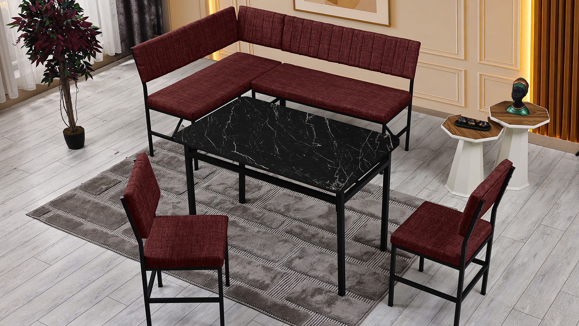 Melody 110x155 Mutfak Köşe Bench Bank Masa Takımı 2 İkili Bench 2 Sandalye 70x110 Siyah Mermer Desen Bordo