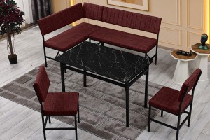 Melody 110x155 Mutfak Köşe Bench Bank Masa Takımı 2 İkili Bench 2 Sandalye 70x110 Siyah Mermer Desen Bordo