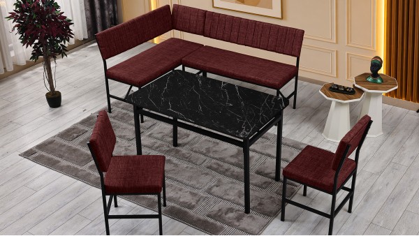 Melody 110x155 Mutfak Köşe Bench Bank Masa Takımı 2 İkili Bench 2 Sandalye 70x110 Siyah Mermer Desen Bordo