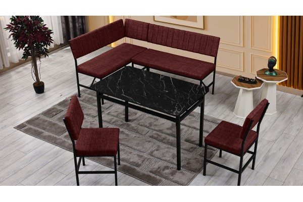 Melody 110x155 Mutfak Köşe Bench Bank Masa Takımı 2 İkili Bench 2 Sandalye 70x110 Siyah Mermer Desen Bordo