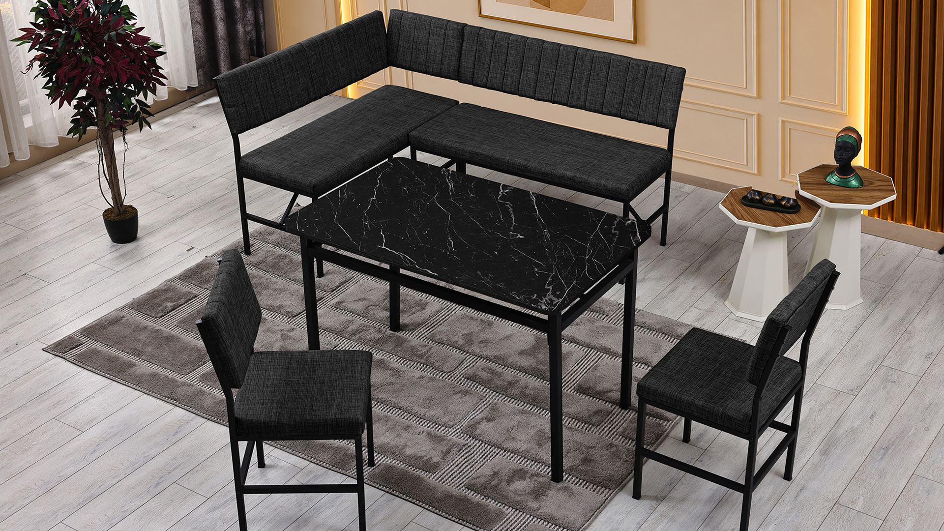 Melody 110x155 Mutfak Köşe Bench Bank Masa Takımı 2 İkili Bench 2 Sandalye 70x110 Siyah Mermer Desen Antrasit