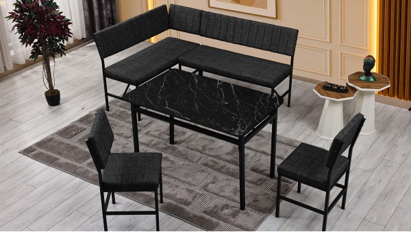 Melody 110x155 Mutfak Köşe Bench Bank Masa Takımı 2 İkili Bench 2 Sandalye 70x110 Siyah Mermer Desen Antrasit