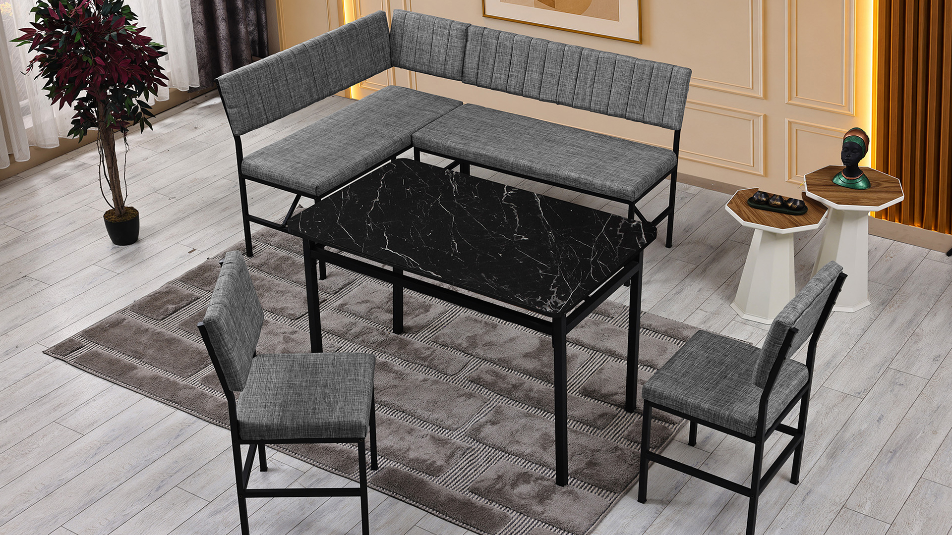 Melody 110x155 Mutfak Köşe Bench Bank Masa Takımı 2 İkili Bench 2 Sandalye 70x110 Siyah Mermer Desen Gri