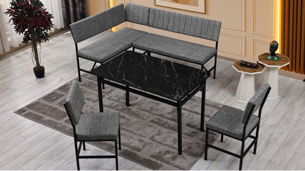 Melody 110x155 Mutfak Köşe Bench Bank Masa Takımı 2 İkili Bench 2 Sandalye 70x110 Siyah Mermer Desen Gri