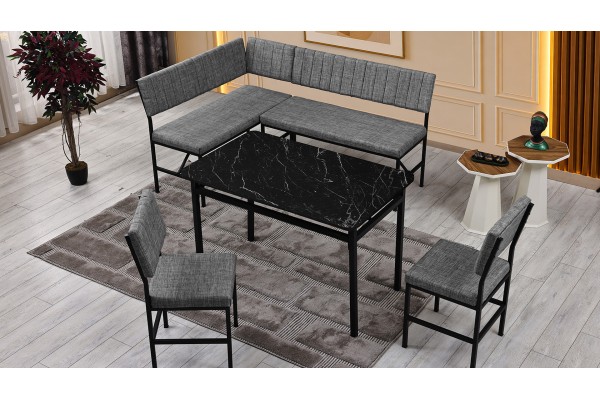 Melody 110x155 Mutfak Köşe Bench Bank Masa Takımı 2 İkili Bench 2 Sandalye 70x110 Siyah Mermer Desen Gri