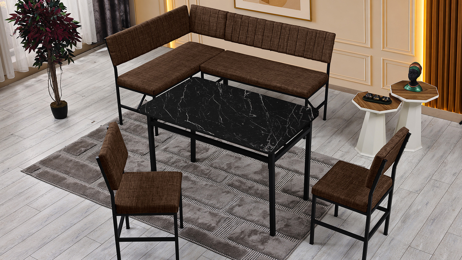 Melody 110x155 Mutfak Köşe Bench Bank Masa Takımı 2 İkili Bench 2 Sandalye 70x110 Siyah Mermer Desen Kahve