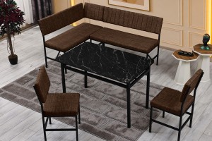 Melody 110x155 Mutfak Köşe Bench Bank Masa Takımı 2 İkili Bench 2 Sandalye 70x110 Siyah Mermer Desen Kahve