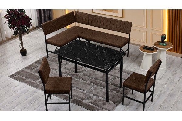 Melody 110x155 Mutfak Köşe Bench Bank Masa Takımı 2 İkili Bench 2 Sandalye 70x110 Siyah Mermer Desen Kahve