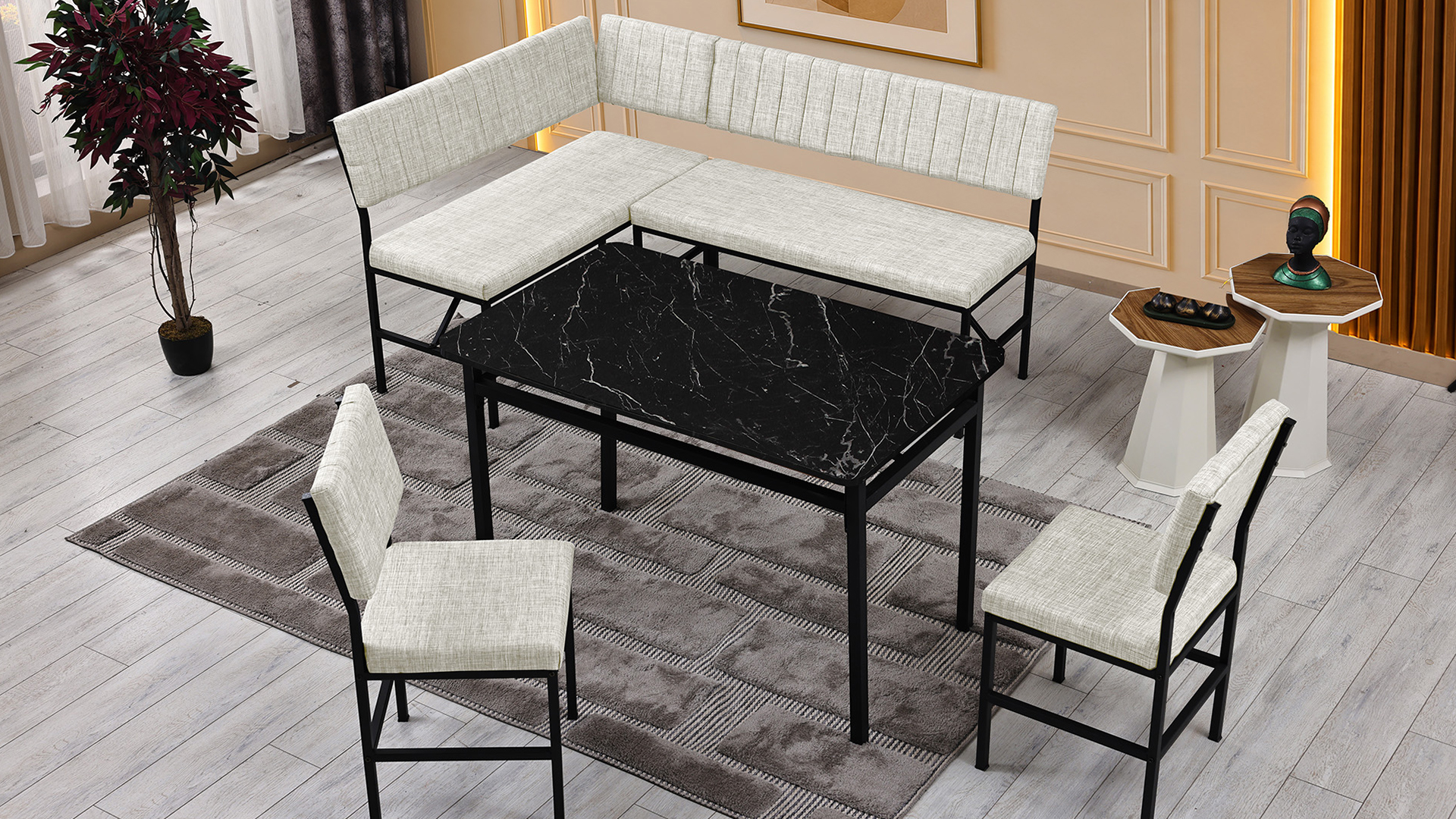 Melody 110x155 Mutfak Köşe Bench Bank Masa Takımı 2 İkili Bench 2 Sandalye 70x110 Siyah Mermer Desen Krem