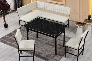 Melody 110x155 Mutfak Köşe Bench Bank Masa Takımı 2 İkili Bench 2 Sandalye 70x110 Siyah Mermer Desen Krem