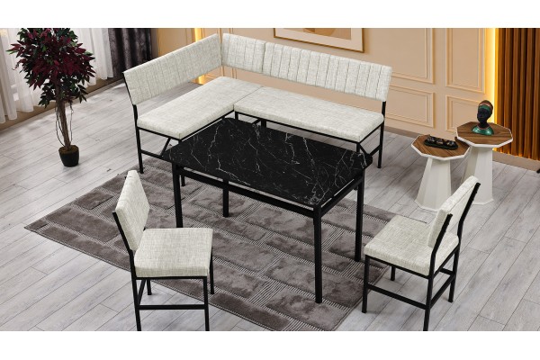 Melody 110x155 Mutfak Köşe Bench Bank Masa Takımı 2 İkili Bench 2 Sandalye 70x110 Siyah Mermer Desen Krem