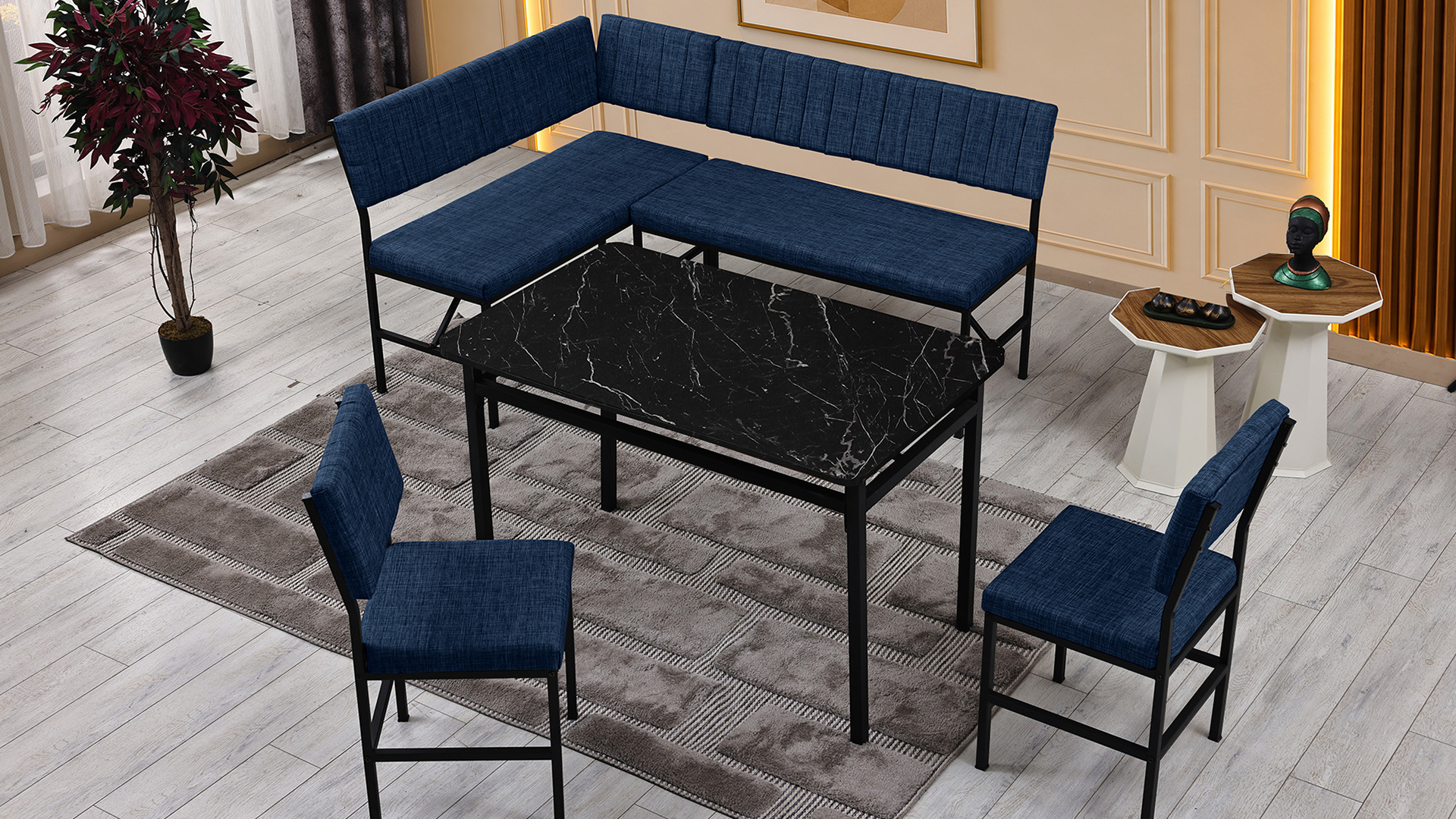 Melody 110x155 Mutfak Köşe Bench Bank Masa Takımı 2 İkili Bench 2 Sandalye 70x110 Siyah Mermer Desen Lacivert