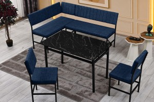 Melody 110x155 Mutfak Köşe Bench Bank Masa Takımı 2 İkili Bench 2 Sandalye 70x110 Siyah Mermer Desen Lacivert