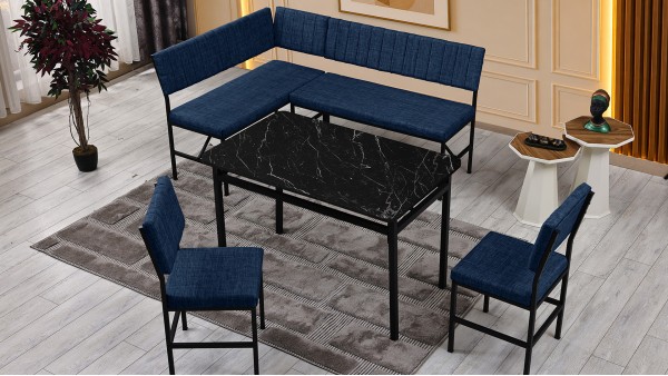 Melody 110x155 Mutfak Köşe Bench Bank Masa Takımı 2 İkili Bench 2 Sandalye 70x110 Siyah Mermer Desen Lacivert