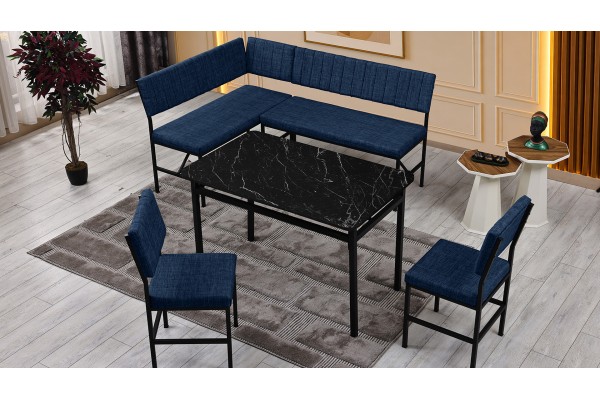Melody 110x155 Mutfak Köşe Bench Bank Masa Takımı 2 İkili Bench 2 Sandalye 70x110 Siyah Mermer Desen Lacivert