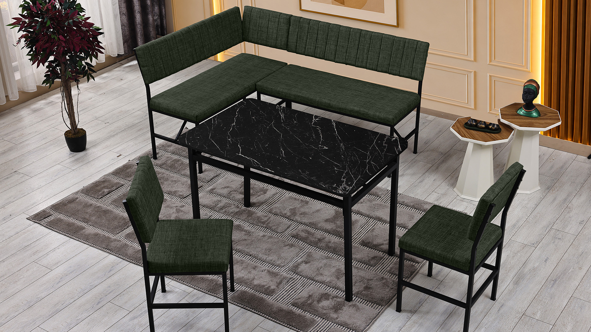 Melody 110x155 Mutfak Köşe Bench Bank Masa Takımı 2 İkili Bench 2 Sandalye 70x110 Siyah Mermer Desen Yeşil