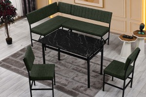 Melody 110x155 Mutfak Köşe Bench Bank Masa Takımı 2 İkili Bench 2 Sandalye 70x110 Siyah Mermer Desen Yeşil