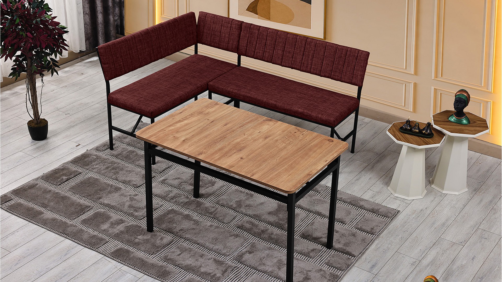 Melody 110x155 Mutfak Köşe Bench Bank Masa Takımı 2 Adet Ayrılabilir İkili Bench 70x110 Ceviz Bordo