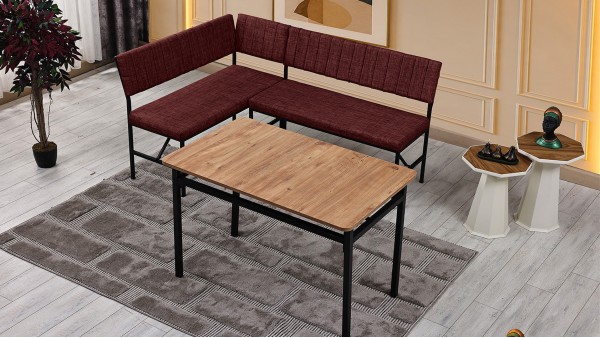 Melody 110x155 Mutfak Köşe Bench Bank Masa Takımı 2 İkili Bench 2 Sandalye 70x110 Ceviz Masa Bordo