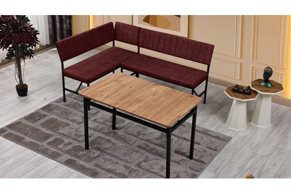 Melody 110x155 Mutfak Köşe Bench Bank Masa Takımı 2 İkili Bench 2 Sandalye 70x110 Ceviz Masa Bordo