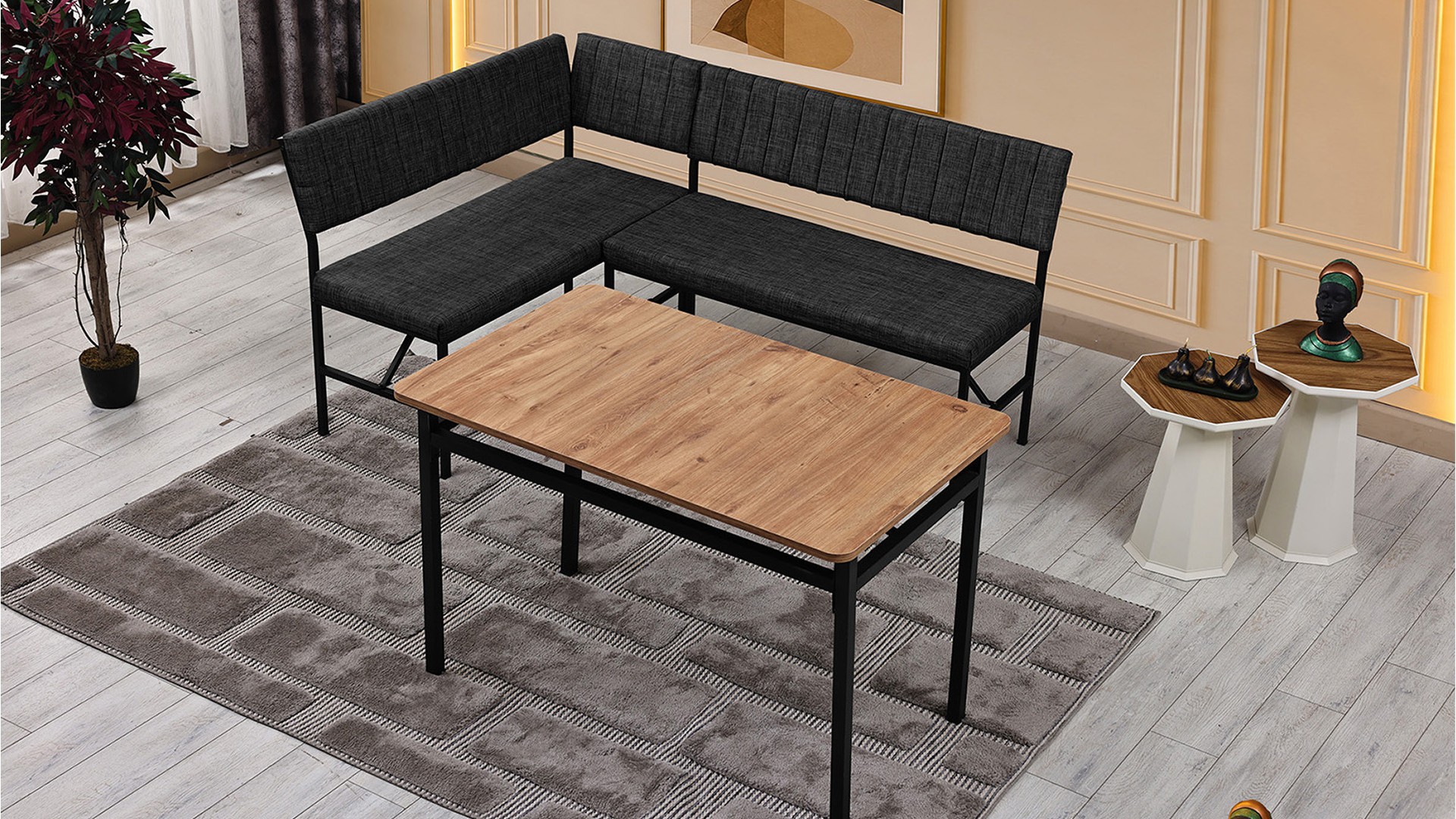 Melody 110x155 Mutfak Köşe Bench Bank Masa Takımı 2 Adet Ayrılabilir İkili Bench 70x110 Ceviz Antrasit