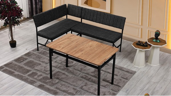 Melody 110x155 Mutfak Köşe Bench Bank Masa Takımı 2 İkili Bench 2 Sandalye 70x110 Ceviz Antrasit