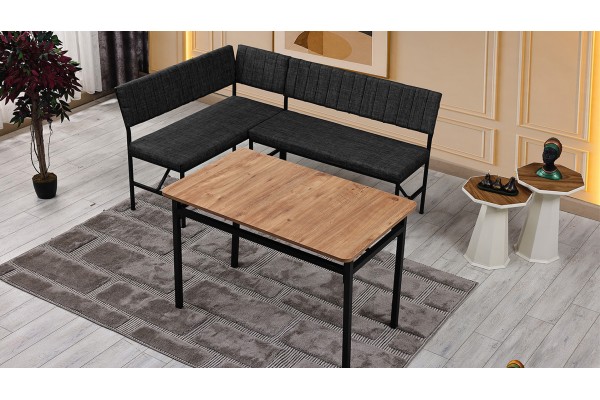 Melody 110x155 Mutfak Köşe Bench Bank Masa Takımı 2 İkili Bench 2 Sandalye 70x110 Ceviz Antrasit