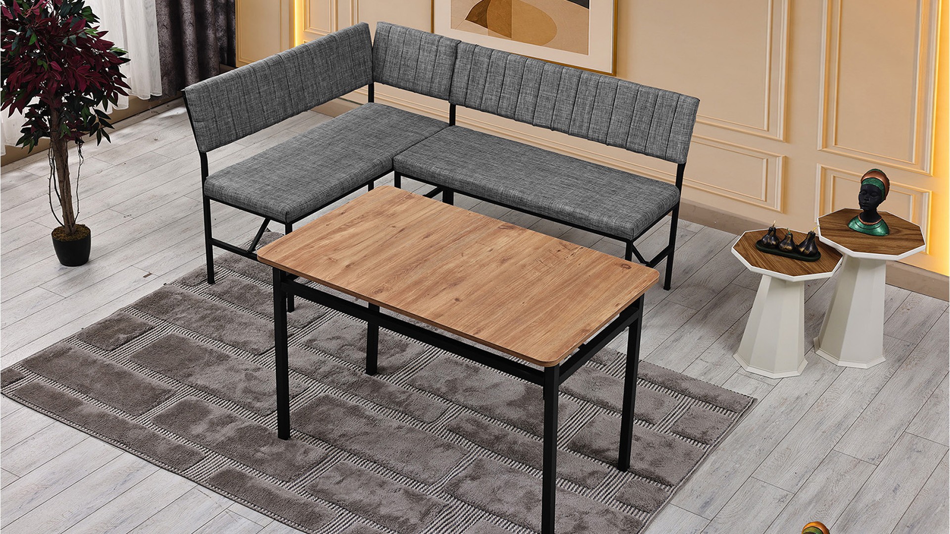 Melody 110x155 Mutfak Köşe Bench Bank Masa Takımı 2 Adet Ayrılabilir İkili Bench 70x110 Ceviz Gri