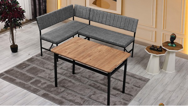 Melody 110x155 Mutfak Köşe Bench Bank Masa Takımı 2 İkili Bench 2 Sandalye 70x110 Ceviz Masa Gri