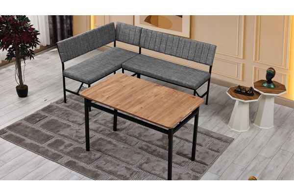 Melody 110x155 Mutfak Köşe Bench Bank Masa Takımı 2 İkili Bench 2 Sandalye 70x110 Ceviz Masa Gri