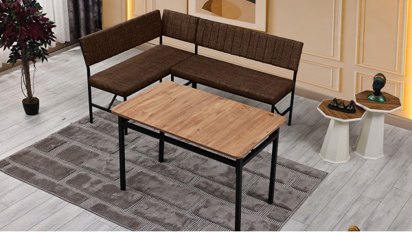 Melody 110x155 Mutfak Köşe Bench Bank Masa Takımı 2 İkili Bench 2 Sandalye 70x110 Ceviz Masa Kahve