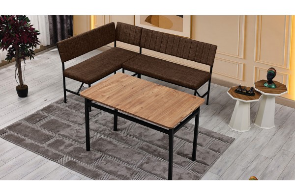Melody 110x155 Mutfak Köşe Bench Bank Masa Takımı 2 İkili Bench 2 Sandalye 70x110 Ceviz Masa Kahve