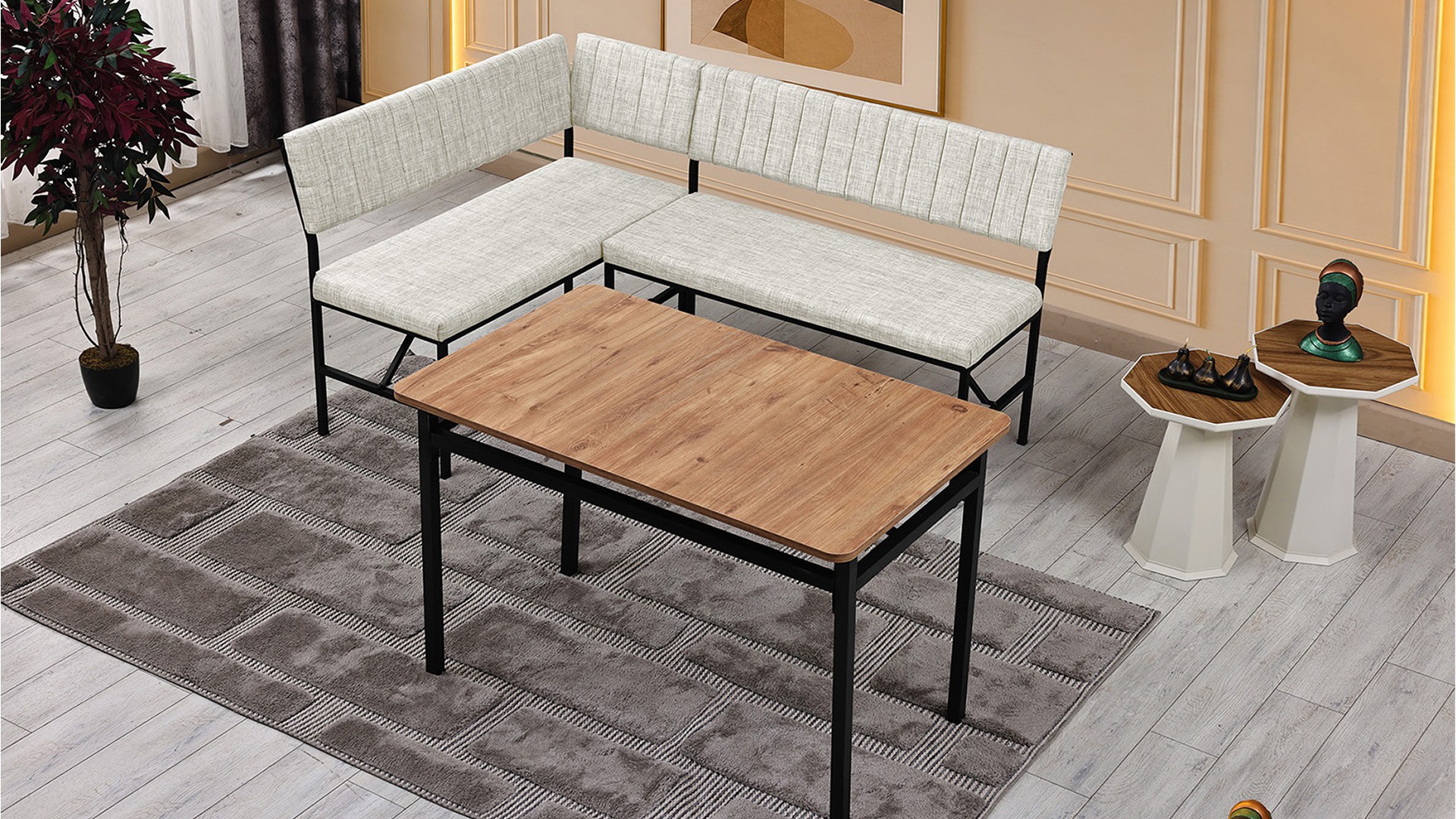 Melody 110x155 Mutfak Köşe Bench Bank Masa Takımı 2 Adet Ayrılabilir İkili Bench 70x110 Ceviz Krem
